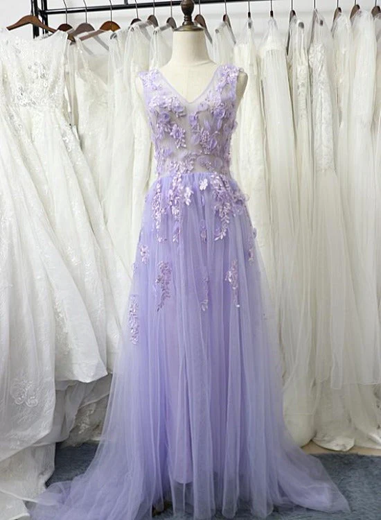 Solvbao Charming Tulle Floral Light Purple Long Party Dress, A-line Prom Dress - Deanwangkt