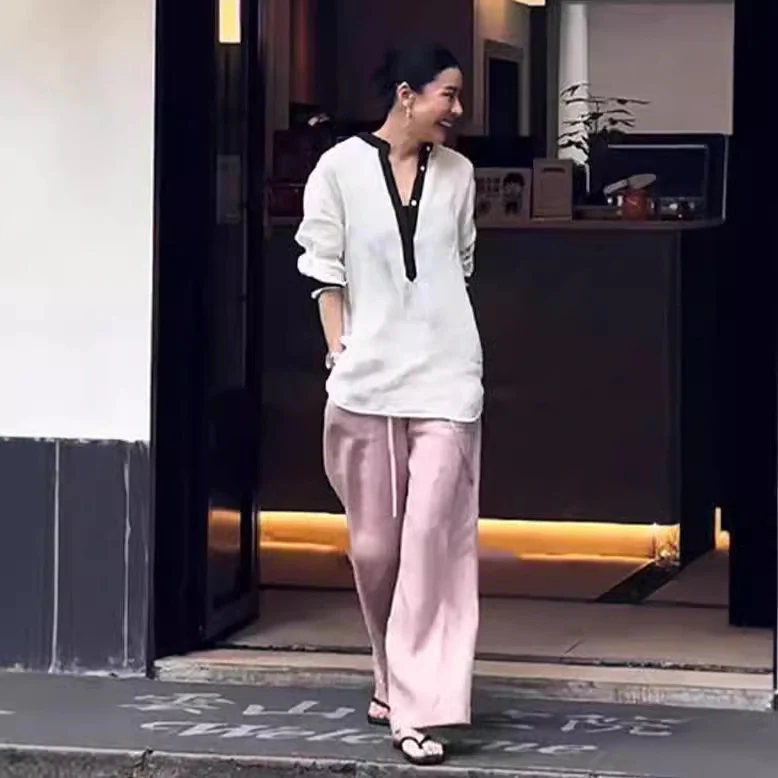 Natural linen top white shirt, summer and autumn style, contrasting edge design stand-up collar loose V-neck shirt B0827 - Deanwangkt