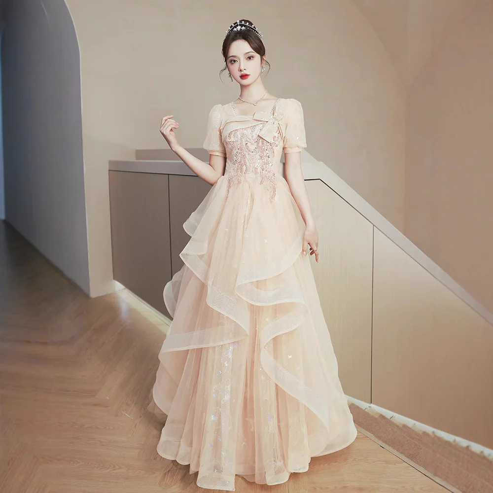 2025 Champagne evening dress women's 2025 new banquet temperament light luxury advanced sense vocal art test adult ceremony tutu skirt - Deanwangkt