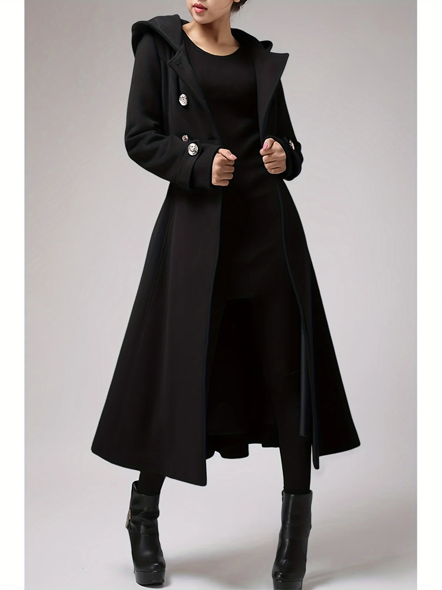 Womens Long Double-Breasted Hooded Coat Warm Woolen Coat With Belts - Deanwangkt