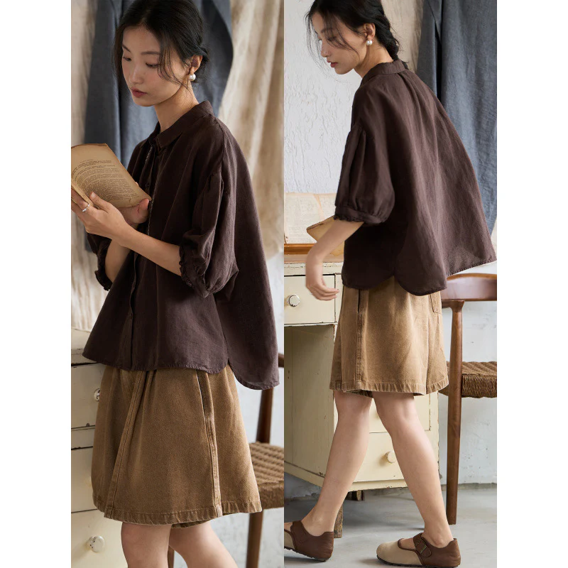 Japanese literary cotton and linen embroidered short-sleeved shirt women's summer design sense loose and thin shirt top - Deanwangkt