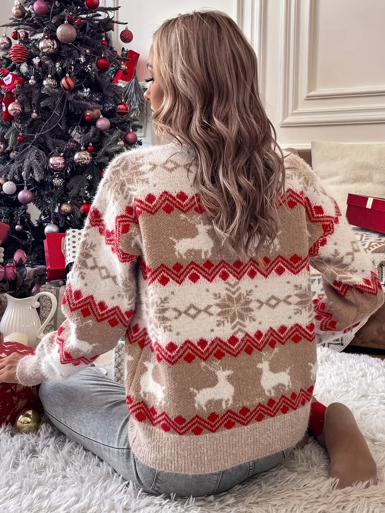 Christmas Pattern Crew Neck Sweater, Elegant Long Sleeve Sweater For Fall & Winter, Women's Clothing - Deanwangkt