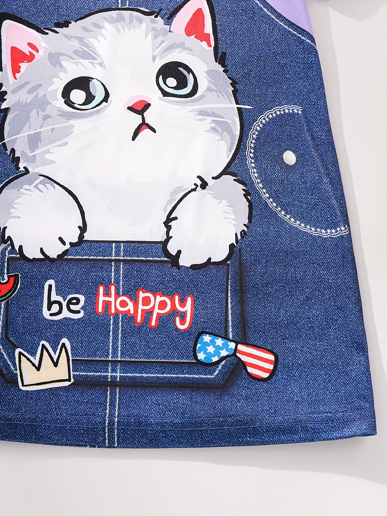 Girls Adorable 3D Cartoon Cat Graphic Round Neck Short Sleeve Dress - Soft Slight Stretch Polyester Fabric, Elegant Style, Machine Washable, Perfect for Spring, Summer, and Fall Daily Wear - Deanwangkt