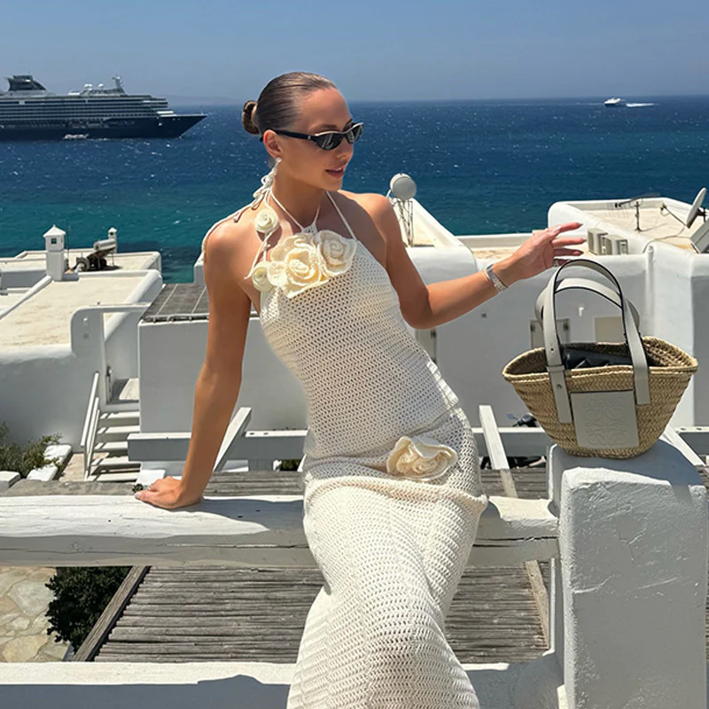 DEANWANGKT 2025New products in !!  new women's solid color knitted floating flower beach bikini swimsuit blouse sunscreen set - Deanwangkt