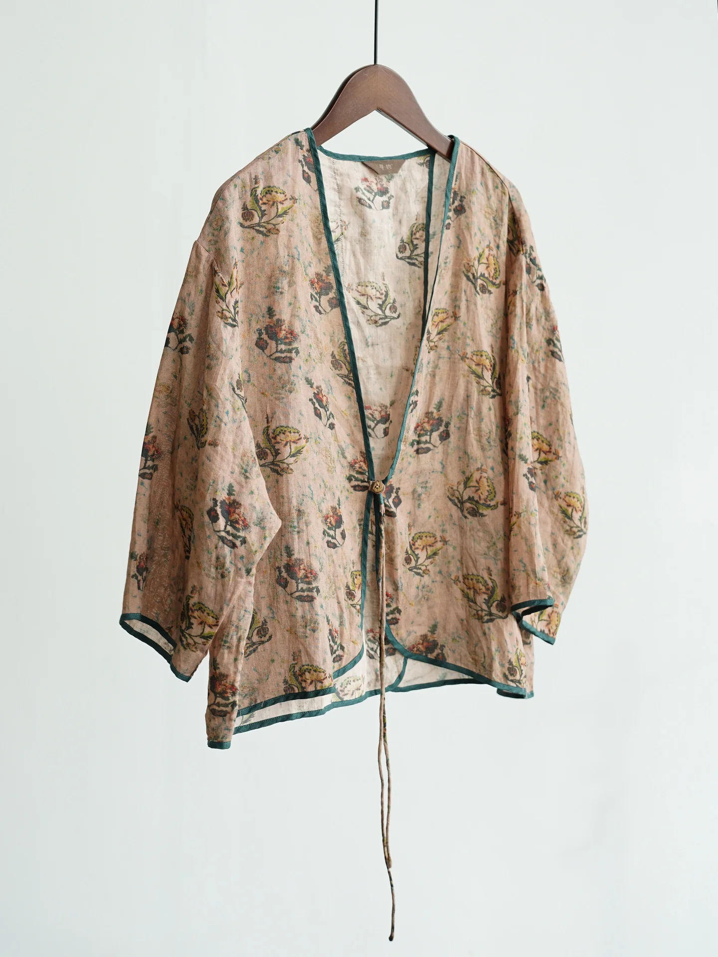 Original design national style ramie jacquard cardigan retro Han elements geometric contrasting colors to lift sunshade small coat S25154 - Deanwangkt