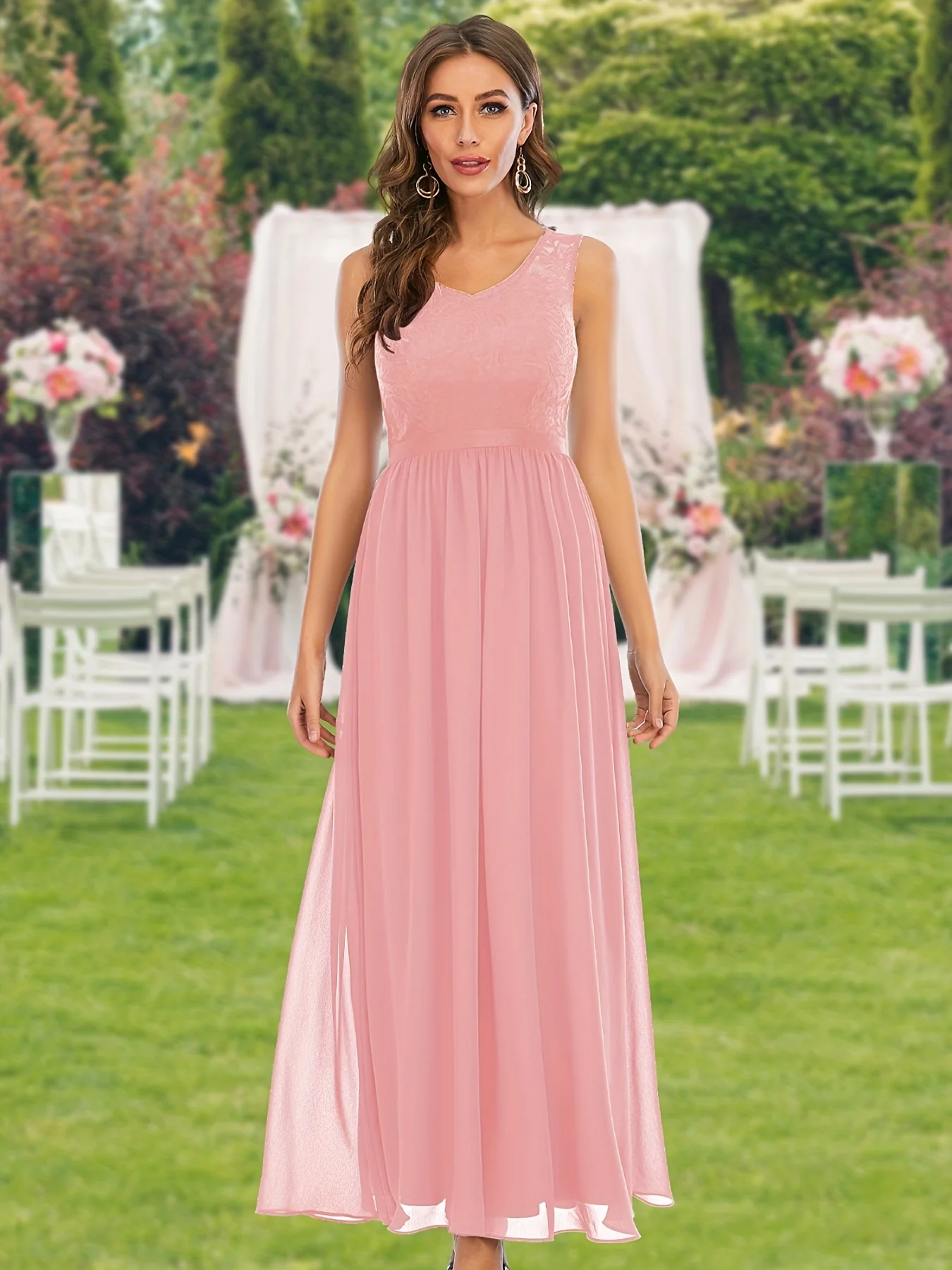 Alluring Solid Lace V-Neck Aline Dress - Timeless Sleeveless Design for Weddings & Special Occasions - Bridesmaids & Formal Events - Womens Clothing - Deanwangkt