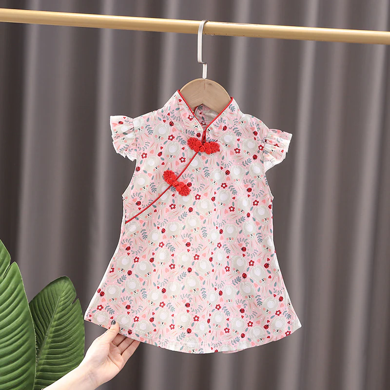 Girls Cheongsam Han Chinese Clothing Summer  New Children Kids One Month Old Outfit Festival Baby Short Sleeve Dress - Deanwangkt