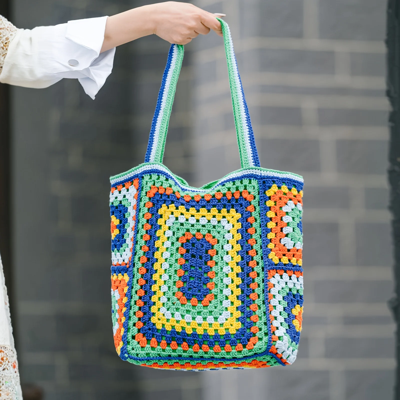 Vibrant Bohemian Chic Crochet Tote Bag - Handcrafted, Fashion-Forward Ethnic Style - Perfect for Womens Travel Adventures, Versatile & Lightweight - Deanwangkt