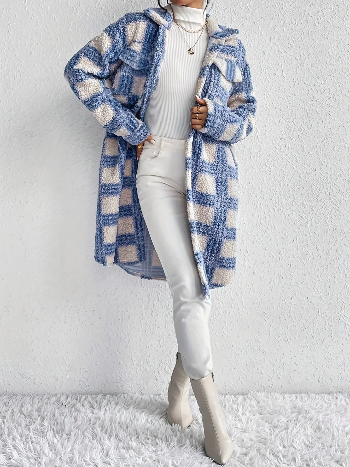 Long Sleeve Elegant Plaid Pattern Button Front Teddy Coat for Fall & Winter, Women's Mid-length Warm Outerwear - Deanwangkt