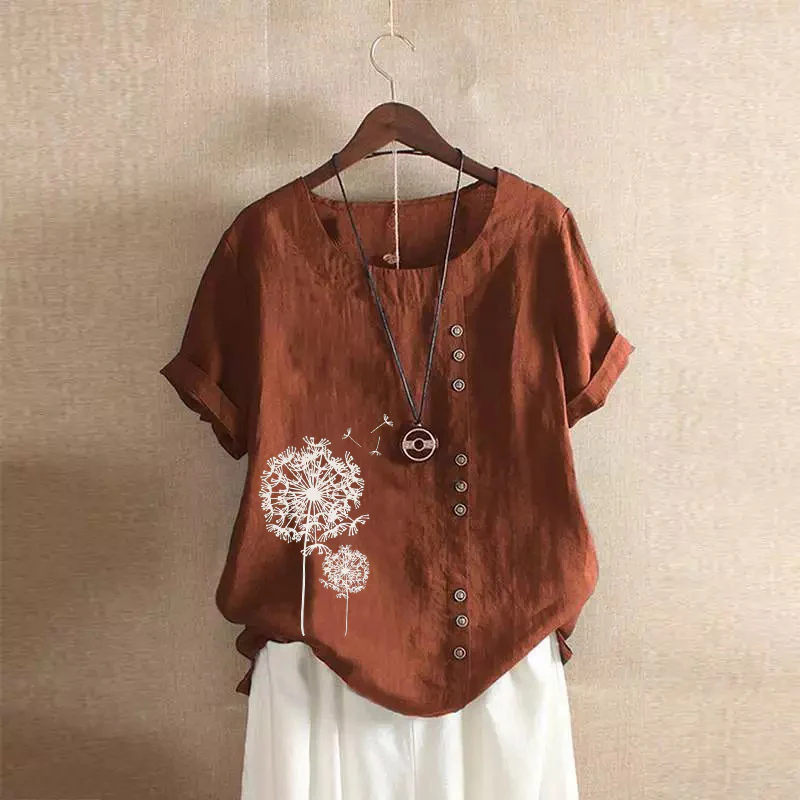DEANWANGKT  2022 Summer Retro plus Size Casual Loose Cotton and Linen Short Sleeve Pullover T-shirt Cotton and Linen Women's Clothing plus Size Women's Clothing - Deanwangkt