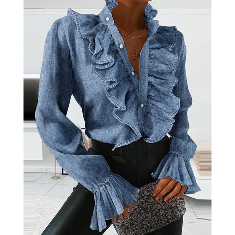 Women Elegant Ruffles Sexy V Neck Buttons Retro Denim Blue Long Sleeve Blouse Shirt Office Lady Spring Casual Slim Tops SJ5847M T200801 - Deanwangkt