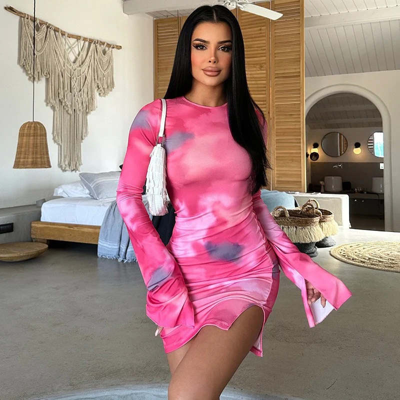 2025 DEANWANGKT  Popular trade   women's clothing popular summer new smudge design long-sleeved slim-fit hip-wrapped dress - Deanwangkt