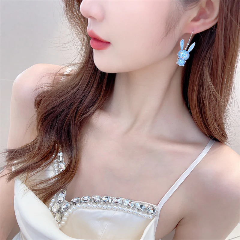 2025 Stylish and smart cute bunny ear hook slightly inlaid with zirconium creative design sense super fairy temperament three-dimensional animal earrings - Deanwangkt