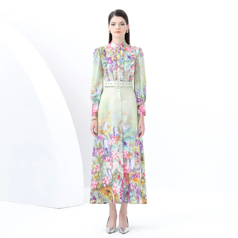 New export women's clothing holiday style retro lace stand-up collar single-breasted printing wide pendulum long dress - Deanwangkt