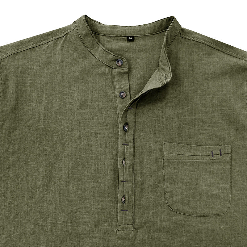 DEANWANGKT 2025 men's clothing  autumn and winter cotton and linen shirts, Popular trade long-sleeved Henry collar tops, loose men's linen shirts - Deanwangkt