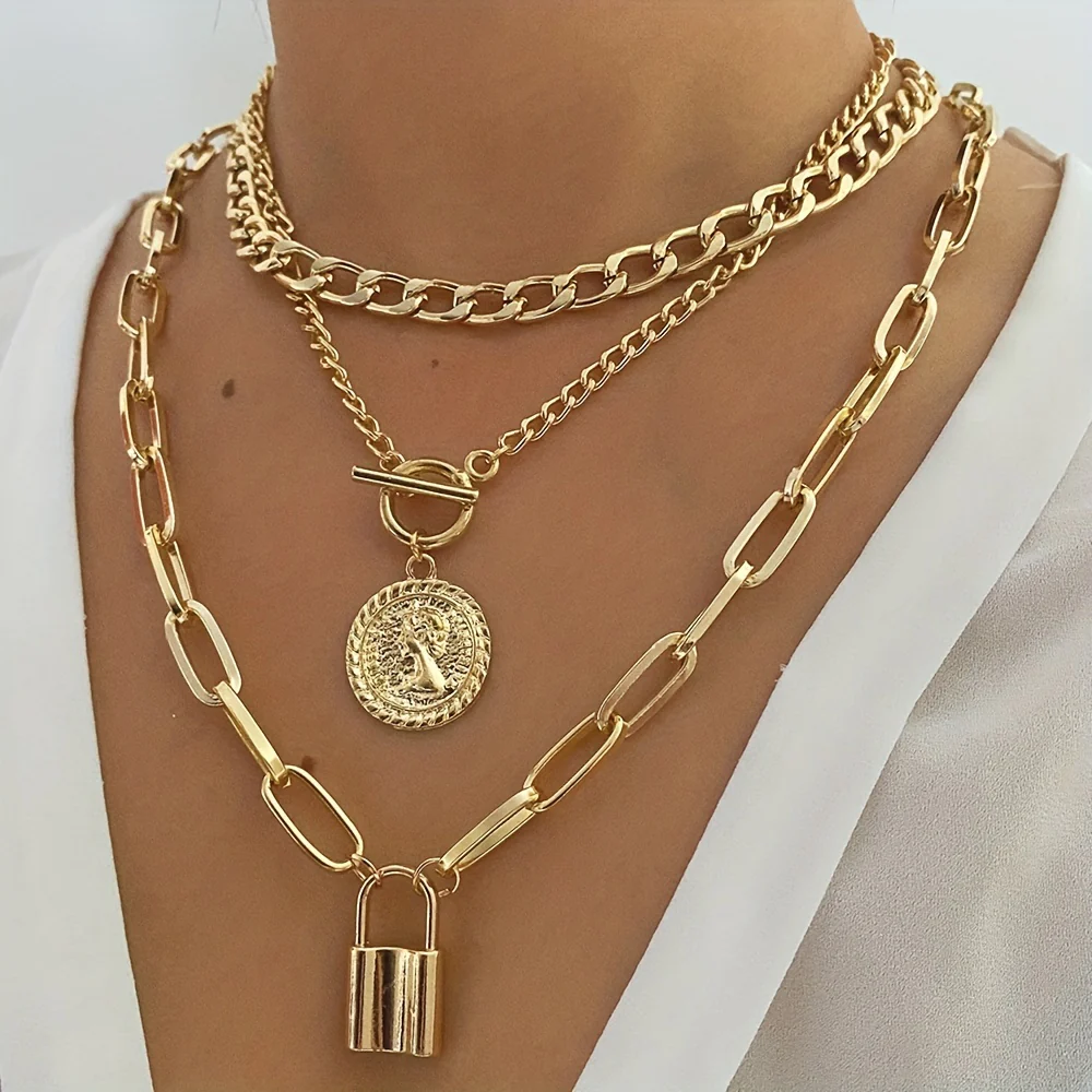 Punk Multilayer Cuban Chain Paperclip Chain Round Shape Portrait Pendant OT Buckle Necklace - Deanwangkt