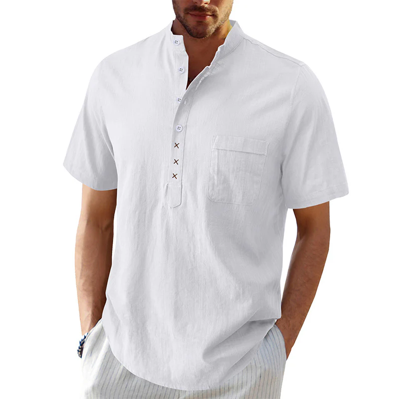 DEANWANGKT 2025 Cross-border men's Hawaiian short-sleeved beach shirt, Popular trade Henry shirt,   men's cotton and linen shirt - Deanwangkt