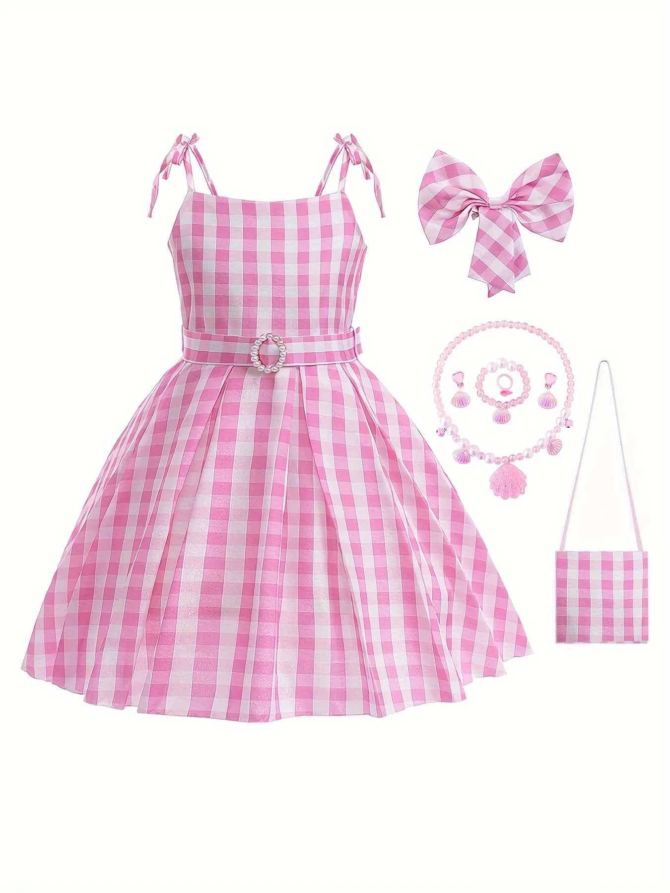 Knee-High Pink Plaid Girls Dress with Belt, Headwear, Backpack, and Jewelry - Cute Slingback Design, Non-Stretch Polyester Fabric, Flared Hem, Woven, Spring/Summer Wear - Deanwangkt