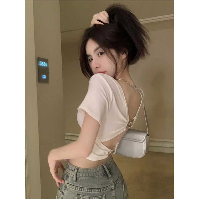 deanwangkt Pure Sweet Hot Girl Sexy Short Hollow Backless Top Women's Design Sense Niche Summer Slim-Fit Short-Sleeved T-shirt - Deanwangkt