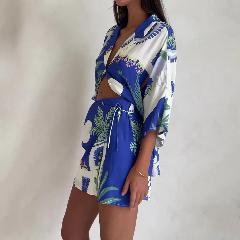 DEANWANGKT  European and American Foreign Trade Cross-Border  Summer Fashion Polo Collar Graffiti Casual Shirt High Waist Lace-up Short Culottes Suit - Deanwangkt