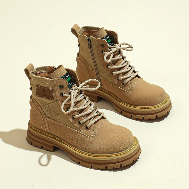 Martin Boots for Women  New Autumn and Winter New Fleece-lined Thick Retro Worker Boot Winter Versatile Yellow Platform Ankle Boots - Deanwangkt