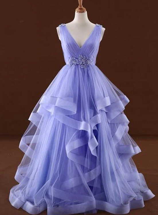 Solvbao Lavender Tulle V-neckline Layers Long Sweet 16 Dress, Light Purple Prom Dress Party Dress - Deanwangkt