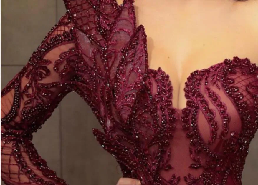 arabic aso ebi burgundy lace beaded evening dresses mermaid sheer neck prom dresses long sleeves formal party second reception gowns - Deanwangkt