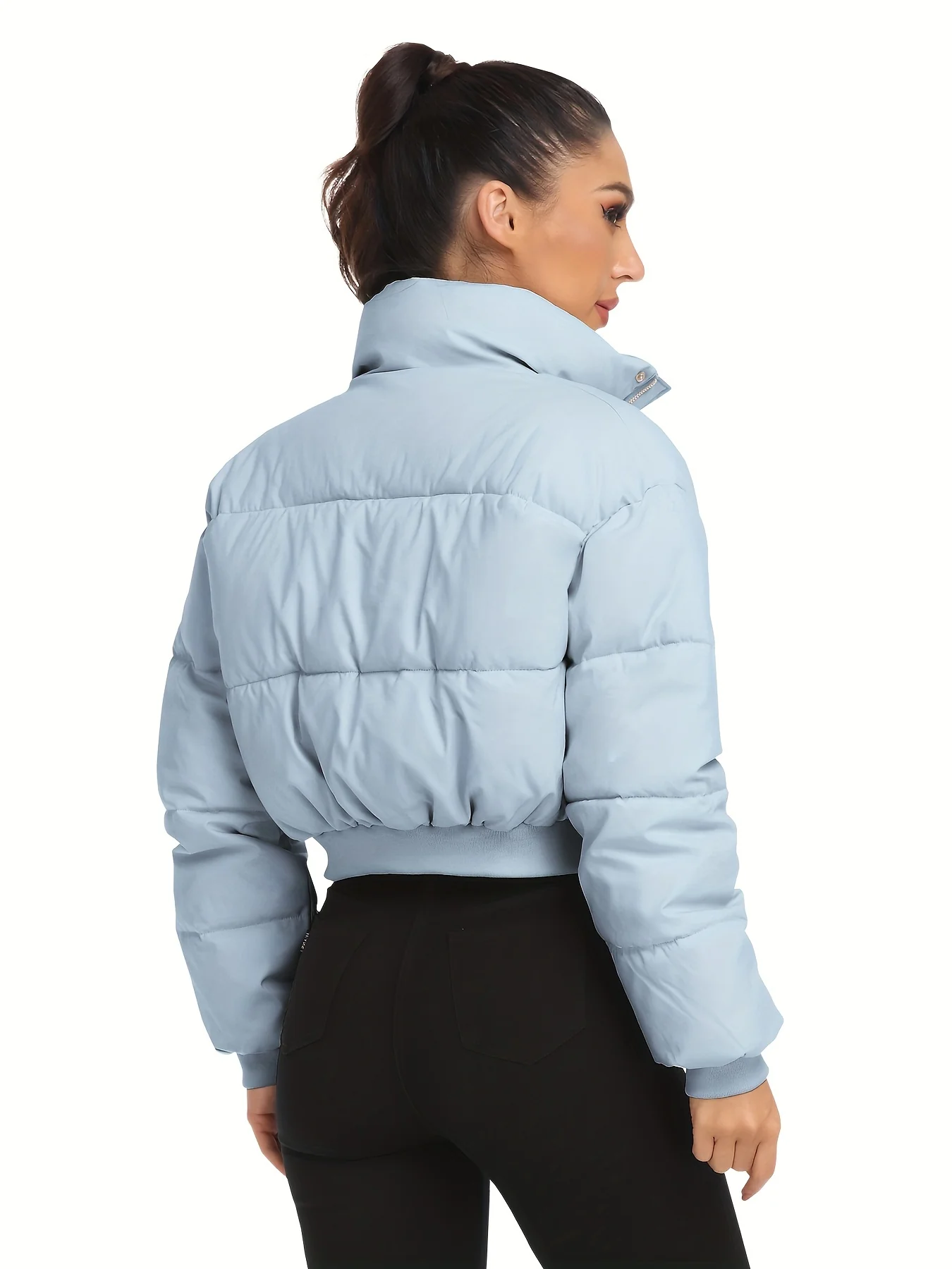 Button Front Cropped Puffer Coat, Casual Stand Collar Long Sleeve Warm Winter Outerwear, Women's Clothing - Deanwangkt