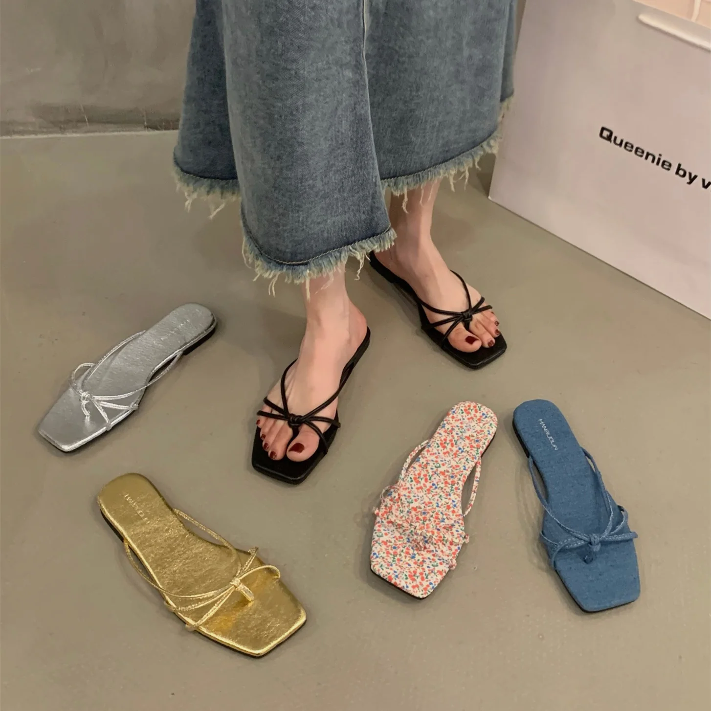 DEANWANGKT  Style Flat Bottom Flip-Flops Flip-Flops Fairy Shoes Outerwear  New Summer Beach Sandals Silver Sandals - Deanwangkt