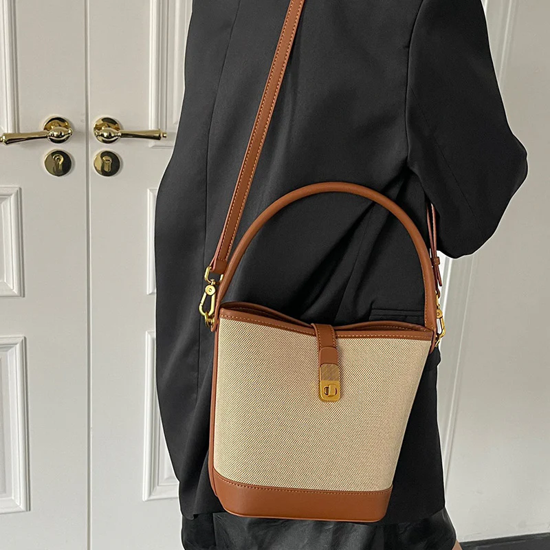 New Bags Summer Women's Crossbody Canvas Shoulder Bag Large Capacity Genuine Leather Niche High-Grade Exquisite Bucket Bag - Deanwangkt