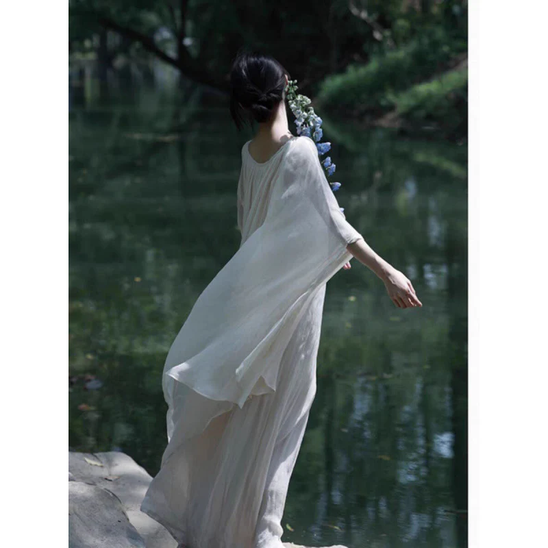 Cool Zen style round neck new Chinese style white dress children's spring loose lazy style temperament morning robe - Deanwangkt