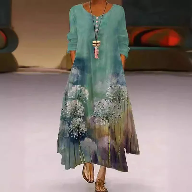 DEANWANGKT Independent Station Wish  Popular New Pattern Print Long Sleeve Dress Women's Hem Irregular Long Dress in Stock - Deanwangkt