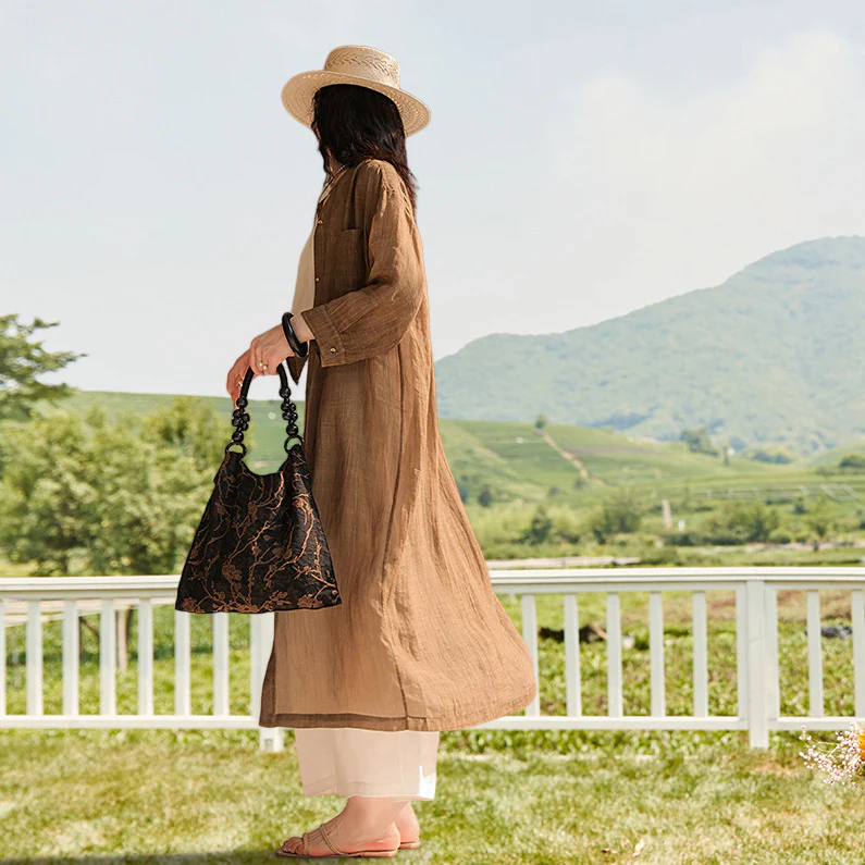 Tencel ramie shirt skirt, art tea coffee color long skirt, long shirt jacket long shirt B0731 - Deanwangkt