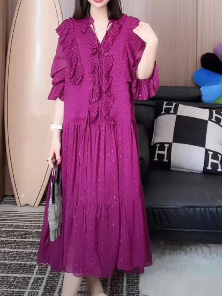 2025 Spot 2023 autumn and winter  heavy industry purple long dress pleated versatile lotus leaf sleeve iris large size dress - Deanwangkt