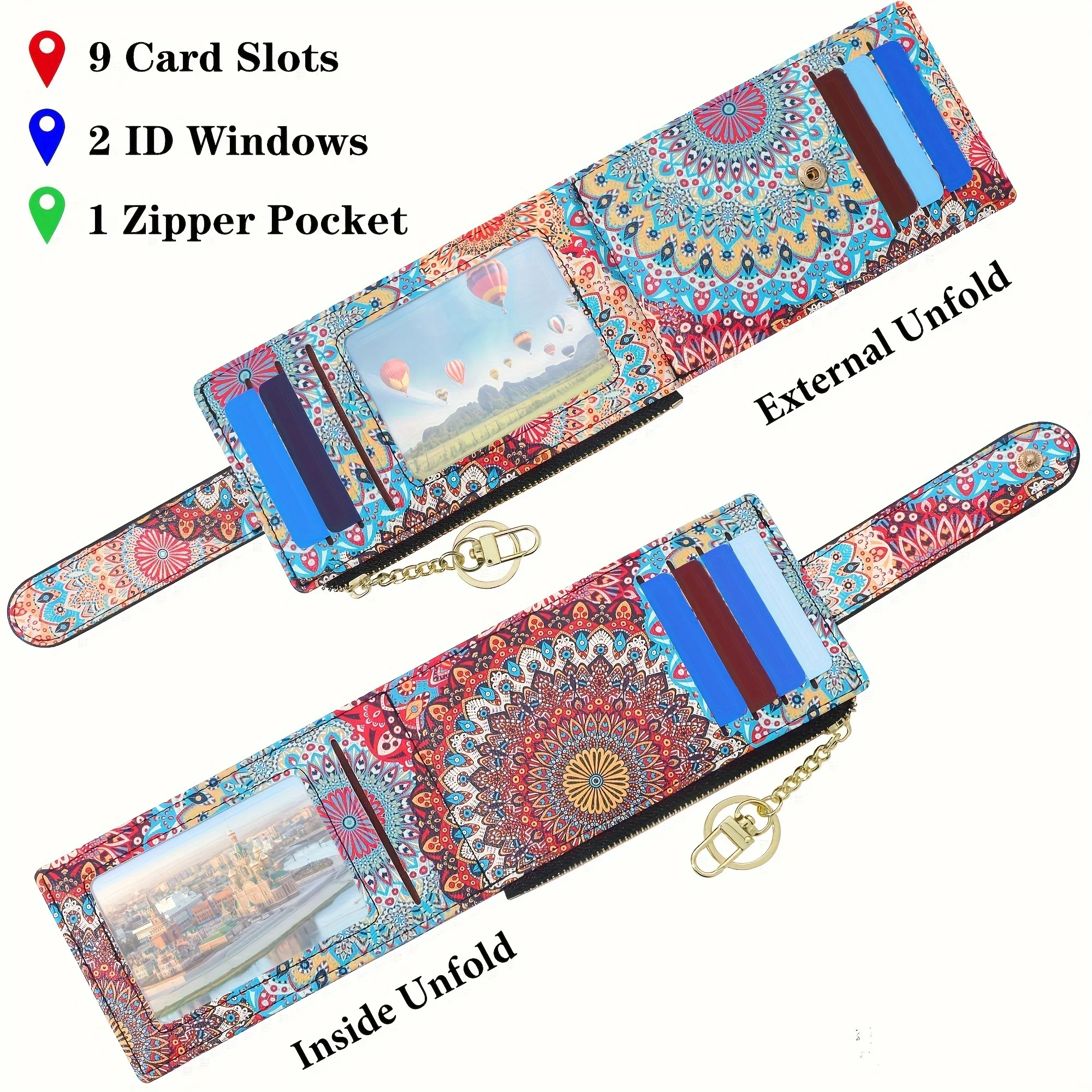 Slim RFID Blocking Bifold Wallet for Women - Secure Credit Card Holder with Zipper Closure, Multiple Slit Pockets, Polyester Lining, and Keychain - Casual, Random Printing Design, PU Material - Deanwangkt