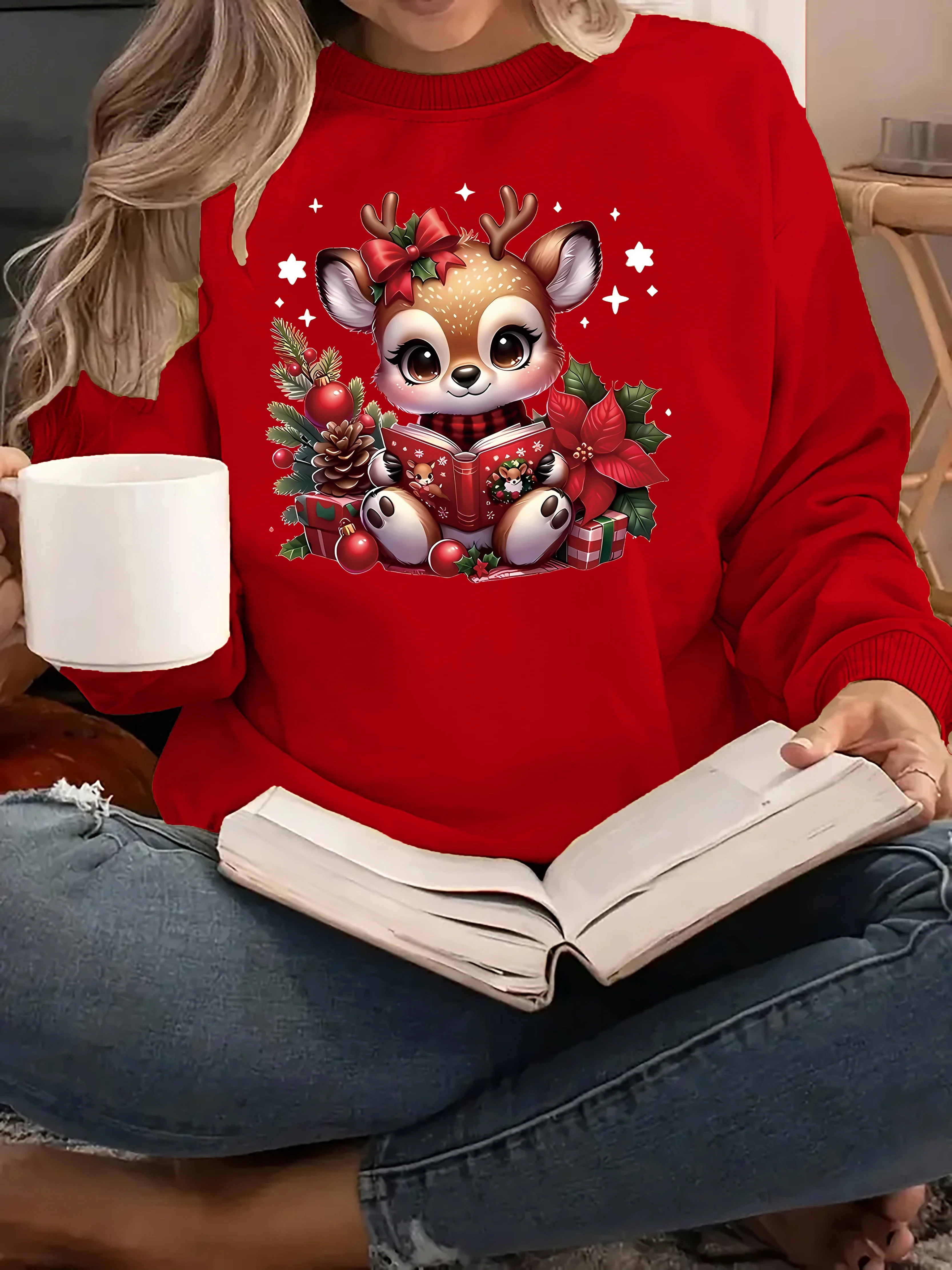 Women's Cozy Christmas Reindeer Sweatshirt - Casual Crew Neck, Long Sleeve Pullover with Festive Print, Machine Washable Polyester Knit Fabric - Deanwangkt