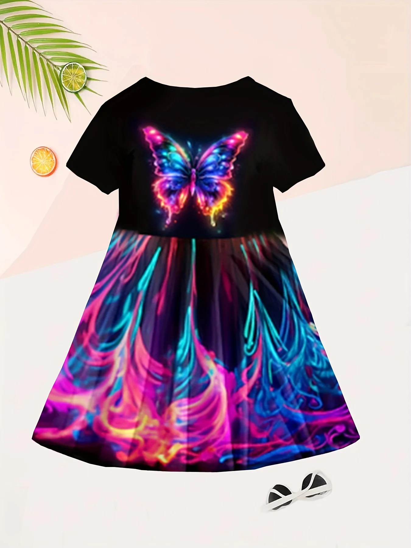 Enchanting 3D Butterfly Adorned Girls' Dress - Soft Cotton Crew Neck, Short Sleeve Design, Ideal for Summer Parties and Everyday Elegance - Deanwangkt