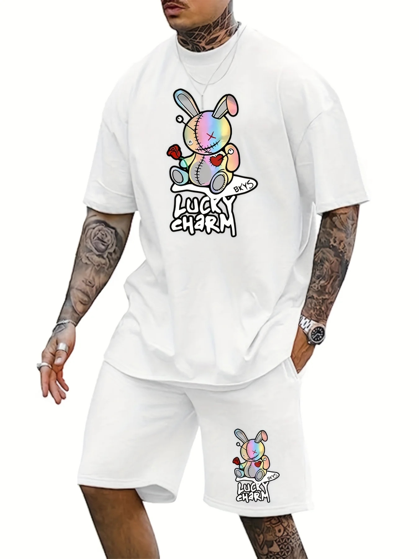 2pcs Mens LUCKY CHARM Loungewear Set - Fashion Bunny Doll Print T-Shirt & Drawstring Shorts with Pockets - Comfortable Casual Pajama Outfit for All-Day Wear - Deanwangkt