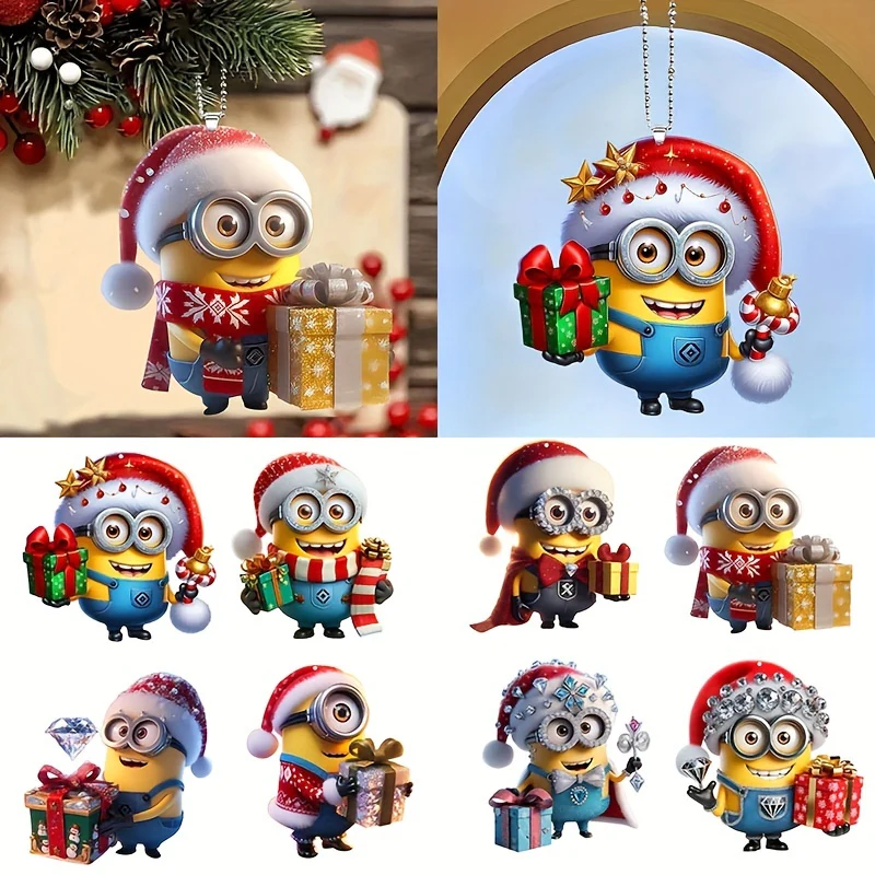8pcs Cute Minions Christmas Tree Ornaments - 2D Acrylic, Double-Sided Design for Holiday & New Year Decorations, Perfect for Cars, Backpacks, Keychains & Windows, for Christmas - Deanwangkt