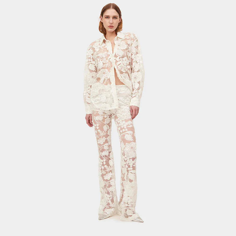 2025 New sexy suit  spring new fashion embroidered mesh see-through top + high-waisted straight pants - Deanwangkt
