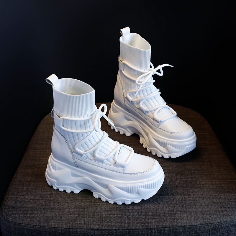 Martin Boots for Women Height Increasing Insole High-Top  Autumn and Winter Korean Style Muffin Bottom Cowhide Black Shoes One Piece Dropshipping Tide - Deanwangkt