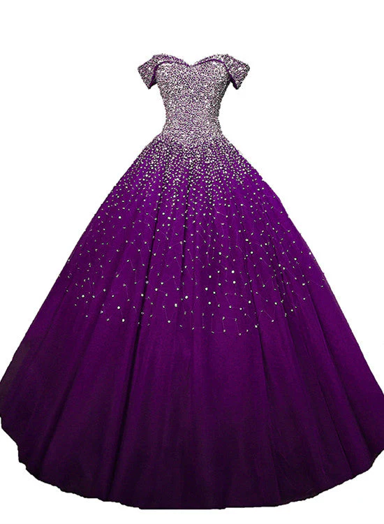 Solvbao Purple Sequins Off Shoulder Ball Gown Sweet 16 Gown, Lace-up Tulle Purple Formal Dresses - Deanwangkt
