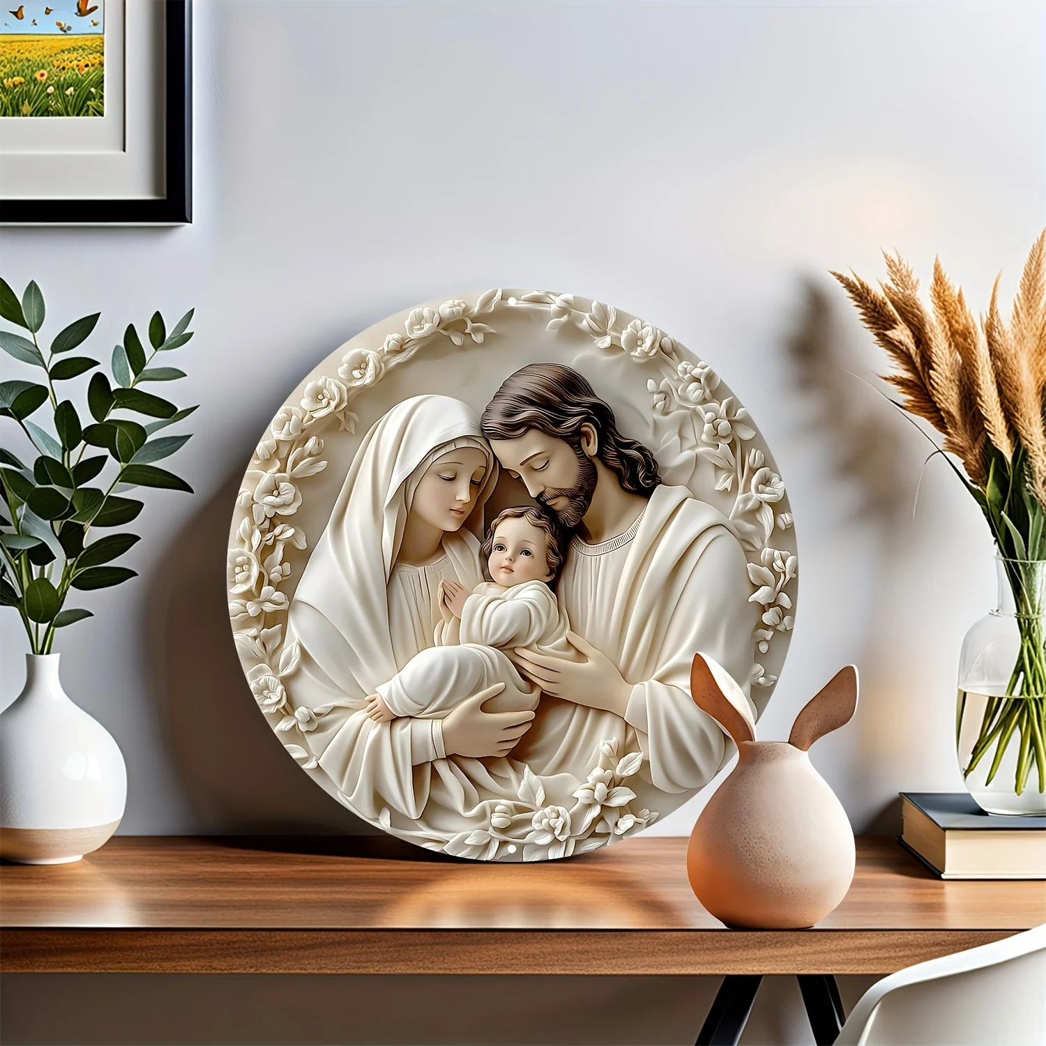 Boho Religious Aluminum Wall Hanging Sign - Sacred Family Metal Art Plaque with Pre-Drilled Holes, HD Printing, Weather Resistant, Textured Multifunctional Decor for Living Room, Bedroom, Bar, Cafe, 8x8 inches - Deanwangkt