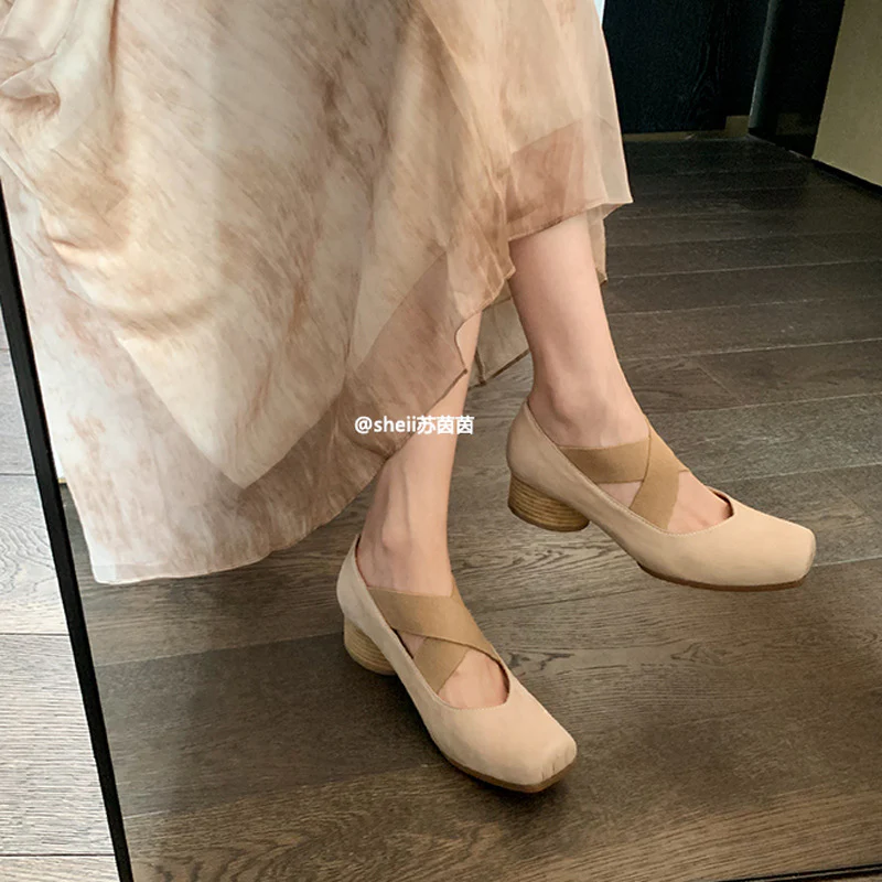 DEANWANGKT  Genuine Leather Mary Jane Pumps Autumn and Winter Retro Cross Belt Square Toe Comfortable Chunky Heel High Heel Pig Nose Ballet Shoes - Deanwangkt