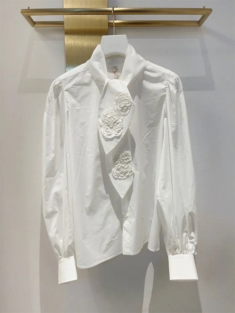 Women's tie collar 3D flower embroidery long sleeve white blouse shirt SMLXLXXL - Deanwangkt