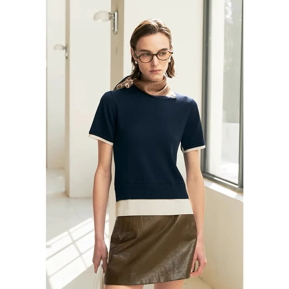 Siyuan M1U wind silk wool contrasting color fake two pieces thin knitted short-sleeved T-shirt women's thin stacking artifact 9068 - Deanwangkt