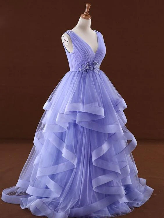 Solvbao Lavender Tulle V-neckline Layers Long Sweet 16 Dress, Light Purple Prom Dress Party Dress - Deanwangkt