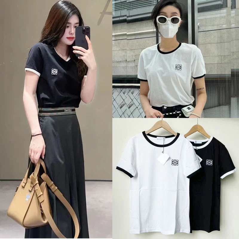 DEANWANGKT  23 Spring and Summer New Lo Yiwei Classic Logo Embroidered Versatile Loose round Neck Pocket Short Sleeve Women's T-shirt - Deanwangkt