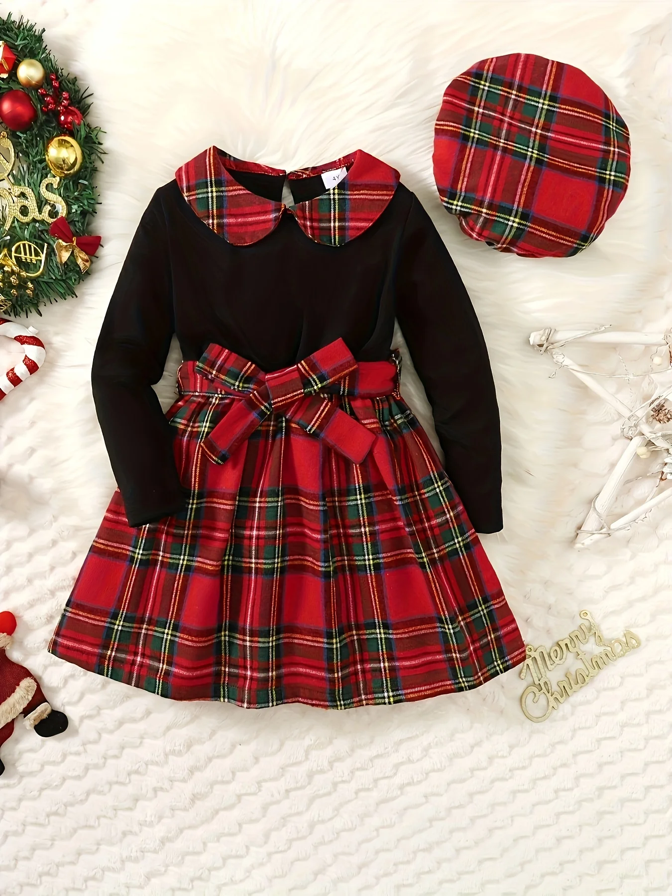 Girls' Plaid Long Sleeve Dress Set - Comfy Casual Wear with Contrast Collar, Includes Beret, Perfect for Winter and Fall Parties, Gift Idea - Deanwangkt