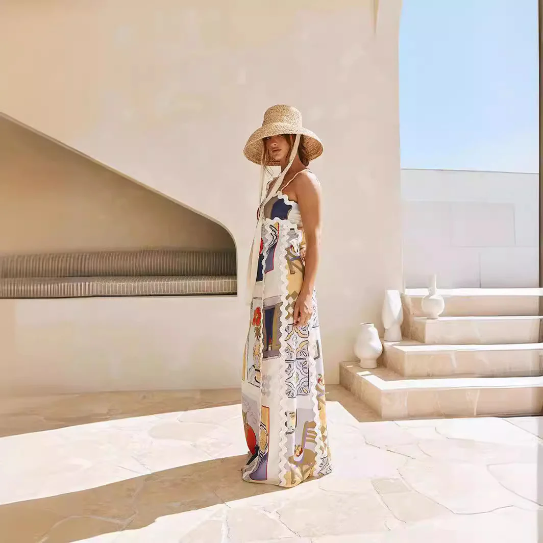 deanwangkt Cross Border Spring and Summer New Fashion Women's Wear Printing off-the-Shoulder Strap Stitching Wave Pattern Dress - Deanwangkt